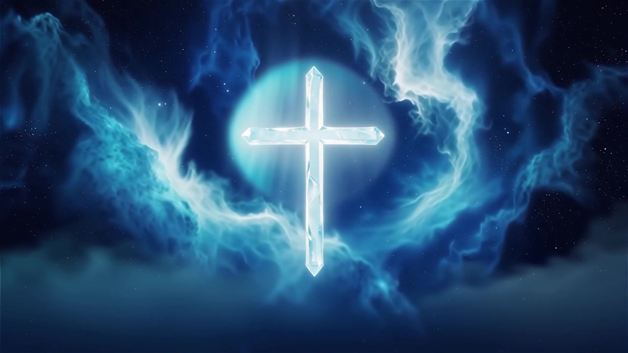 Christliches Kreuz, himmlisches Licht, Anbetungshintergrund.