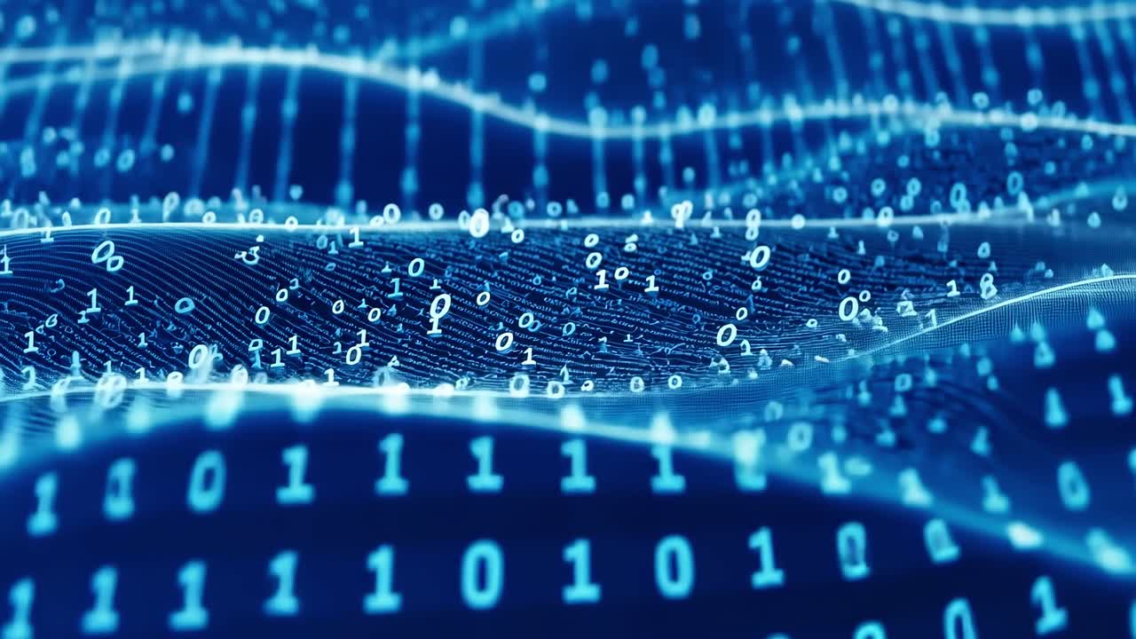 Exploring the ocean of data in a digital landscape with flowing binary code and waves of information