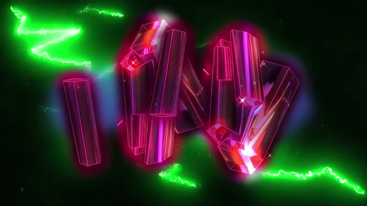 검은 바탕에 떠다니는 분홍색 금속 막대기와 함께 반 ⁇ 이는 초록색 전기 전류의 애니메이션