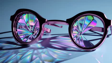 pink glasses with iridescent fractured lenses creating kaleidoscopic light patterns