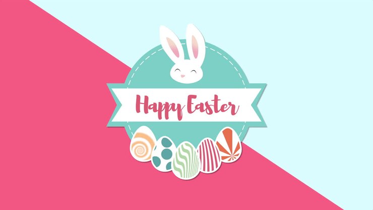 Animated closeup Happy Easter text and rabbit on blue and red