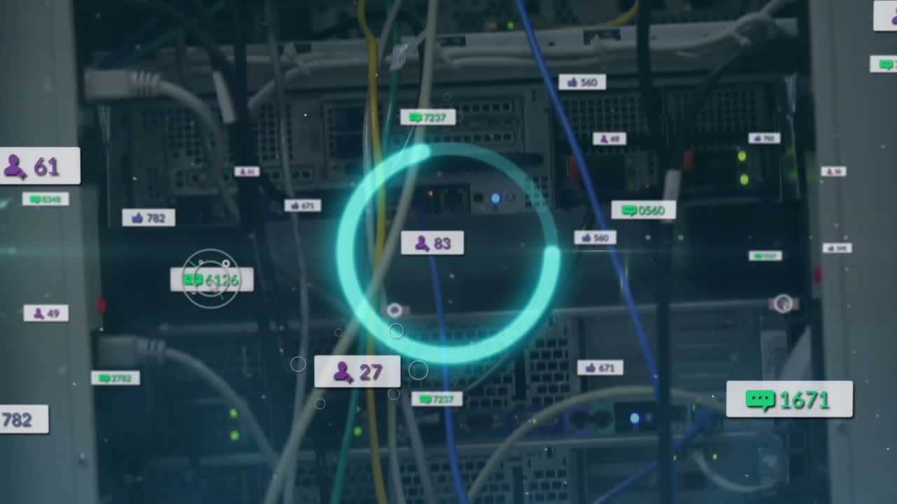 Animation of loading ring over media icons and server room