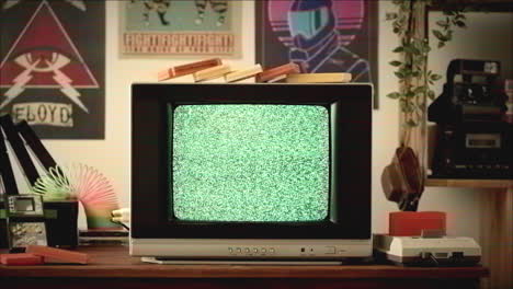 retro gaming setup with static tv