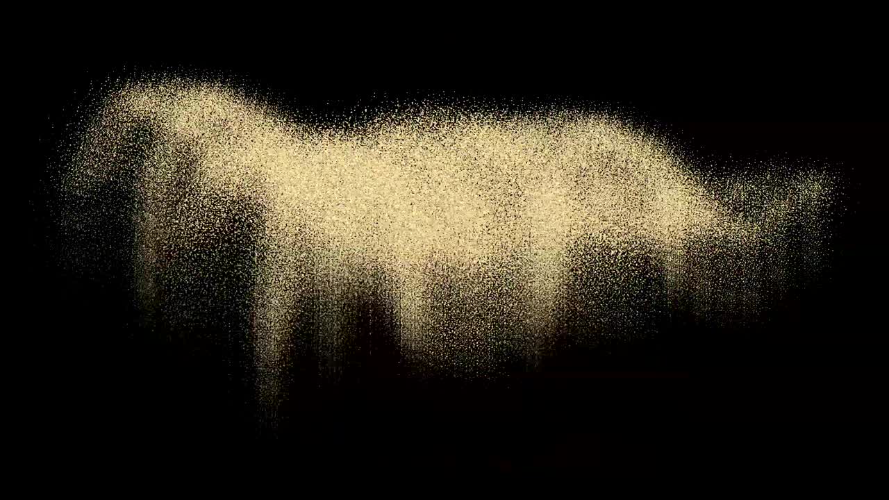 검은 바탕에 황금 반이는 폭발, 추상적인 디지털 애니메이션, 무작위적인 황금 콘페티 폭발