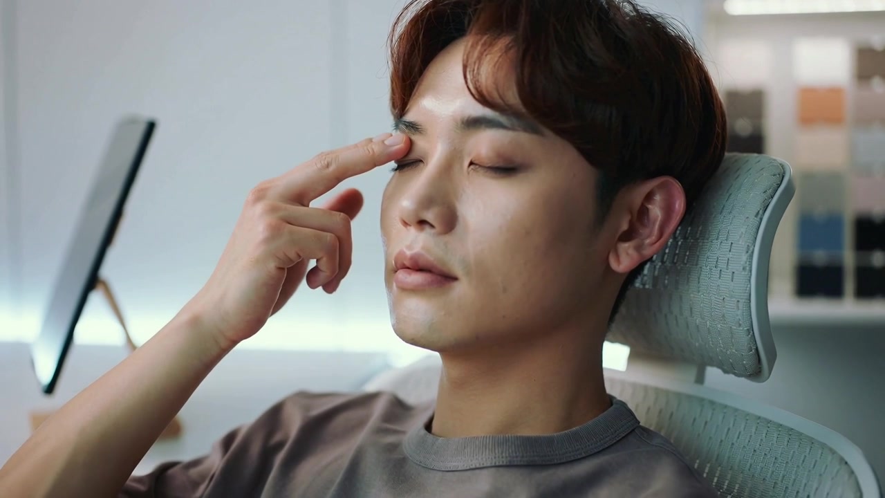 一名穿灰色T恤的男士抬起右手，坐在家居辦公椅上按摩太陽穴，以紓緩眼睛疲勞。