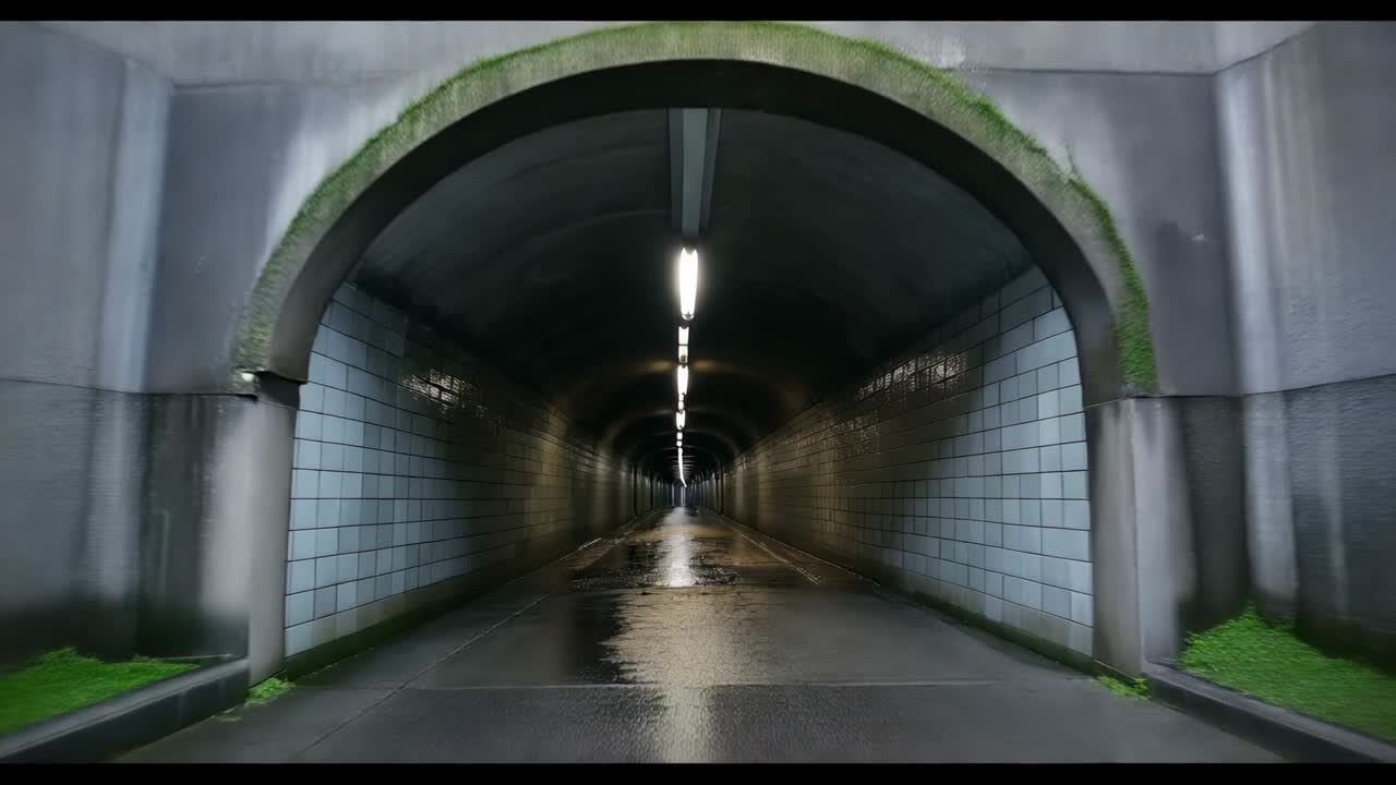 Apertura all'ingresso del tunnel, la camera inizia a seguire e a muoversi all'interno del tunnel piastrellato e umido, rivelando un bagliore di luce