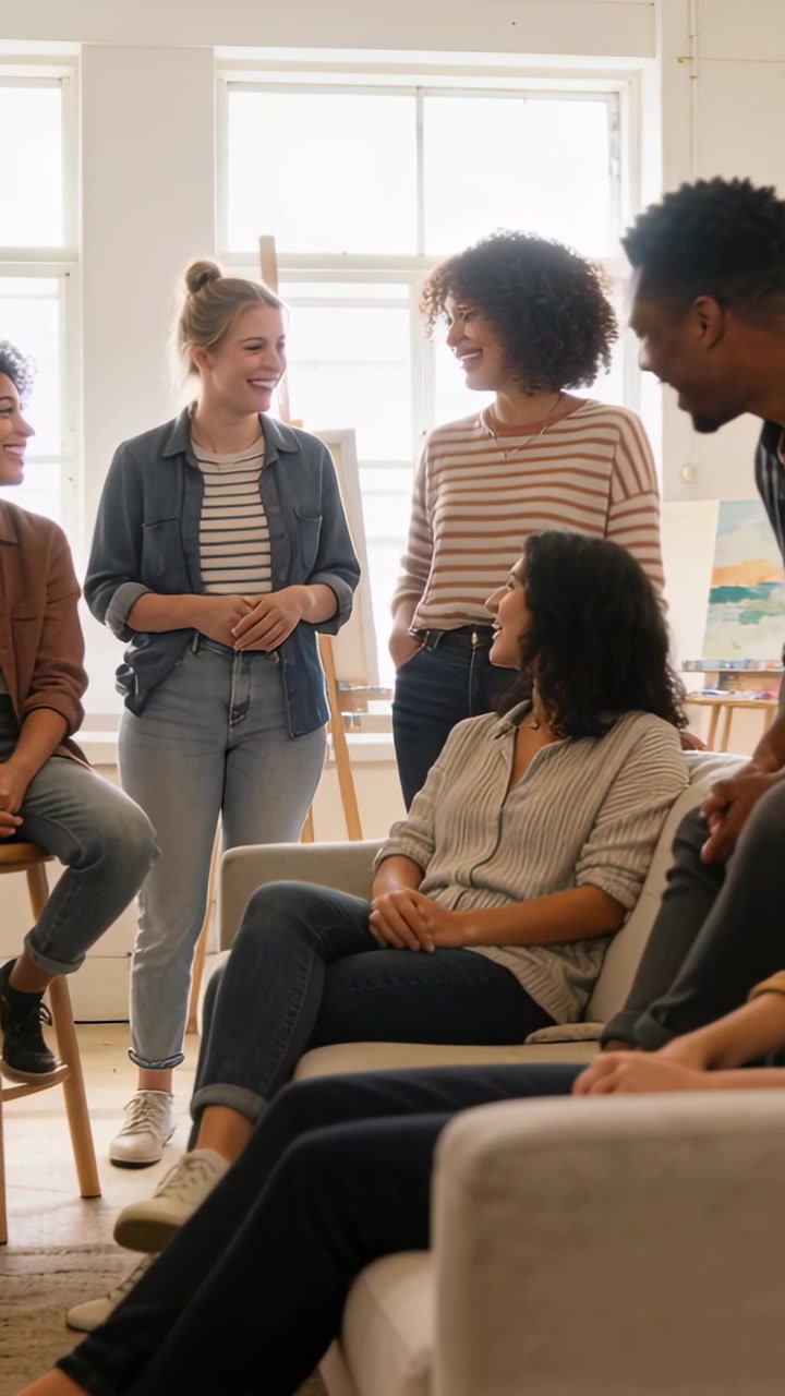 Vertikal video: Smilende kvinde i jeans reagerer på en stående kvinde, der gestikulerer i et studie med staffelier.