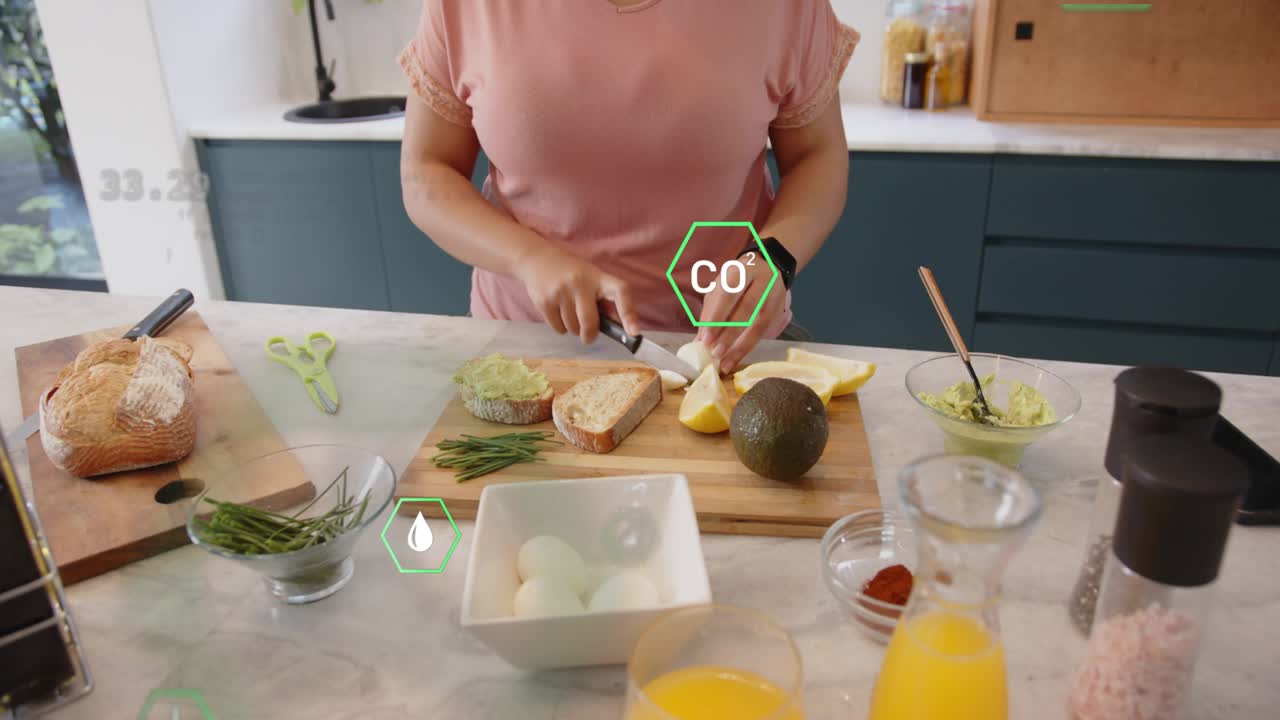 Home cook reaching to season, spreading avocado and slicing eggs for toast, AR overlays guiding