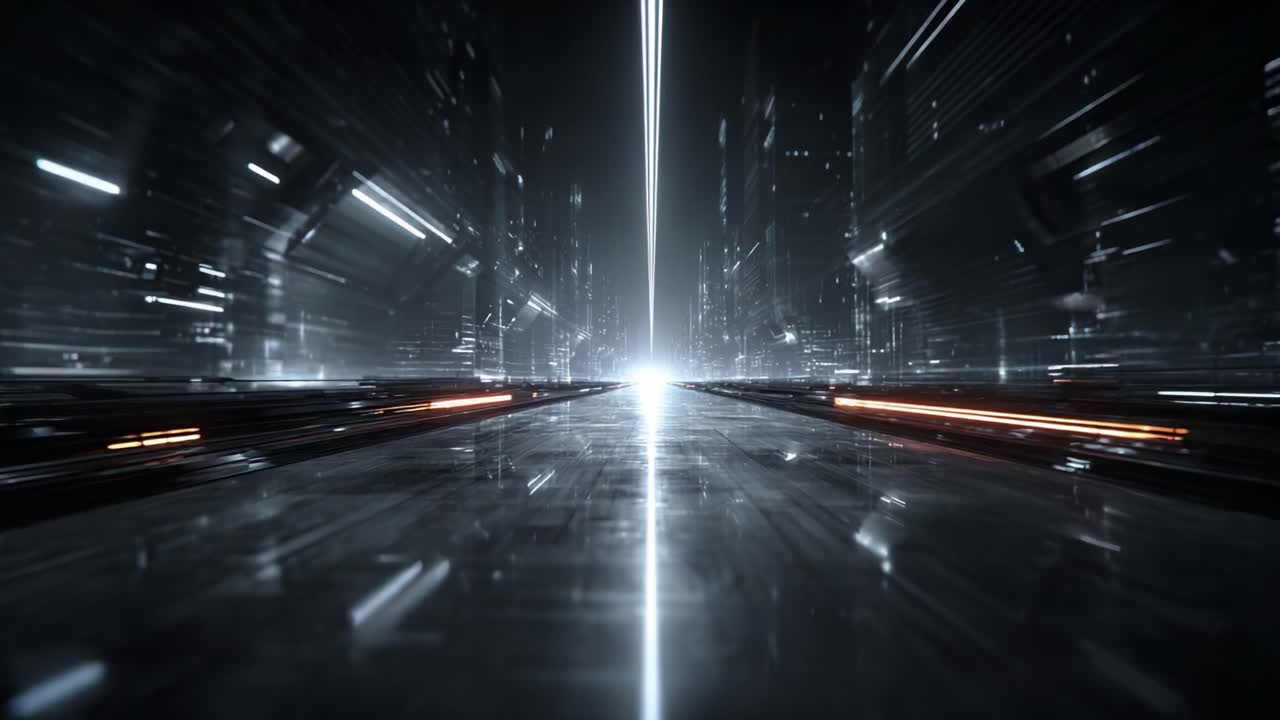 A Futuristic Corridor of Light and Motion: An Exploration of a High-Speed Journey Through an Urban Landscape Filled with Neon Lights and Shadows