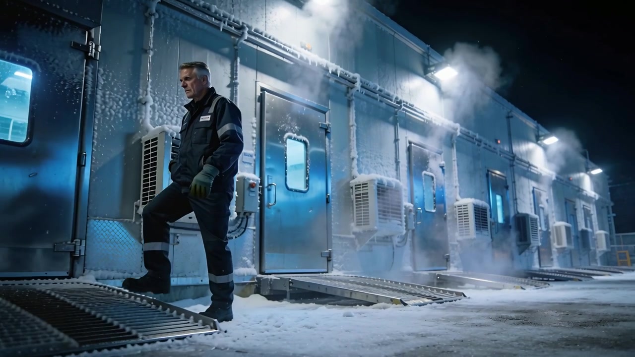Stepping down ramp, man wearing insulated hi-vis jacket walking along freezer exterior, copy space