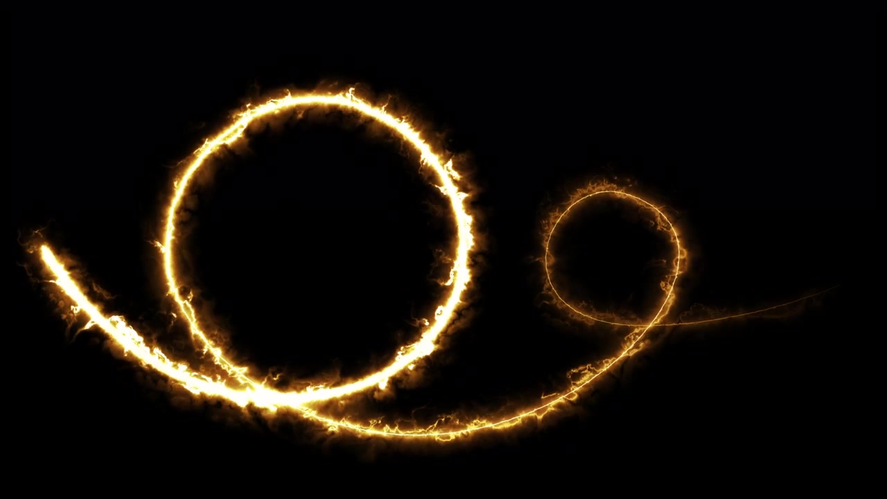 Percorso energetico veloce in movimento su sfondo nero. Potente scarica di fuoco dorato. Animazione a forma di onda magica. Effetto tecnologico futuristico.