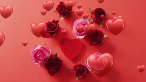 Animation-of-red-hearts-over-roses-on-red-background