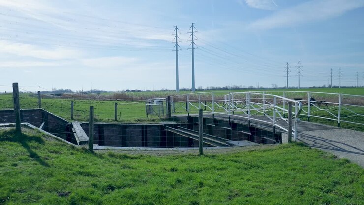 Pan Shot of Rural Landscape with Bridge, Canal, and Electricity Pylons