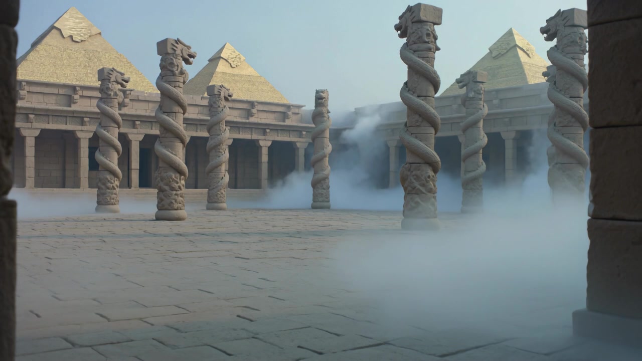 Nebbia bassa che avanza, spostandosi dal molo attraverso un antico cortile, oscurando colonne a spirale
