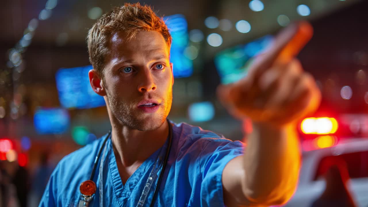 A devoted medical professional in scrubs intensely focuses on an emergency situation, expertly guiding others with decisive gestures amid a bustling medical environment