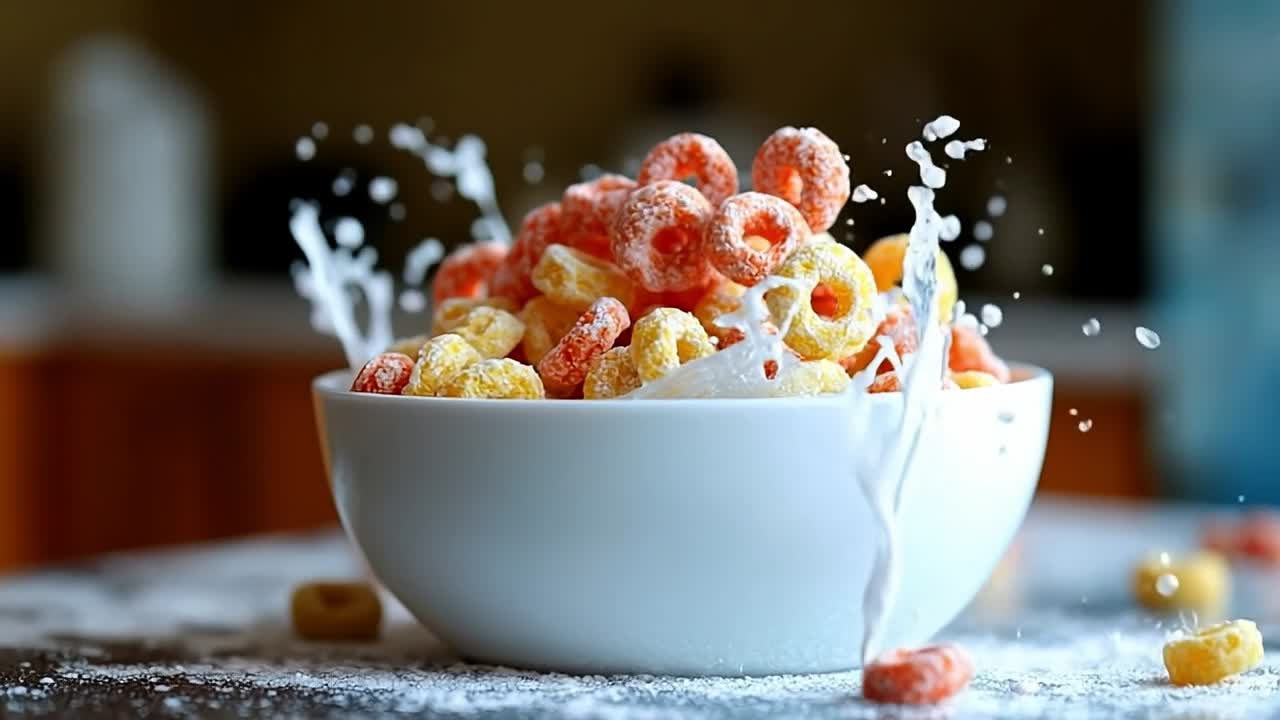 Colorful cereal splashing in a bowl. Colorful cereal splashes into a bowl filled with milk, creating a playful breakfast scene in a kitchen setting.