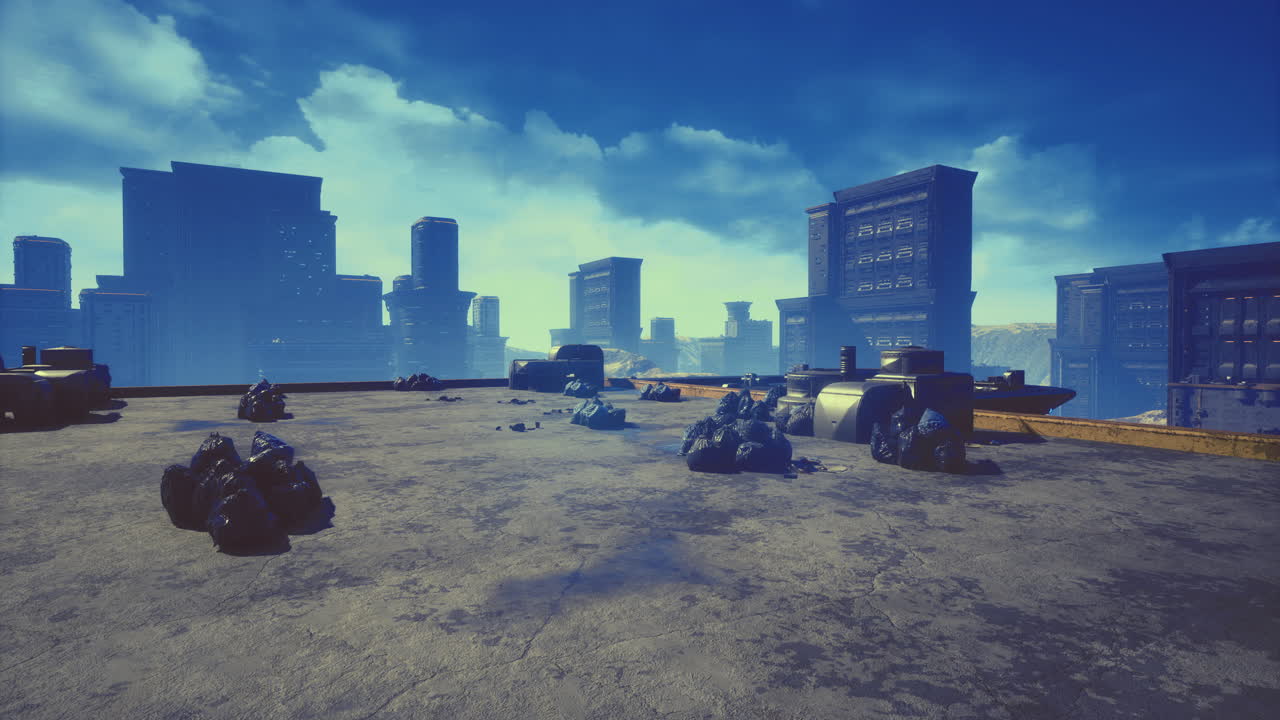 Urban rooftop landscape under dramatic blue sky with remnants of the past