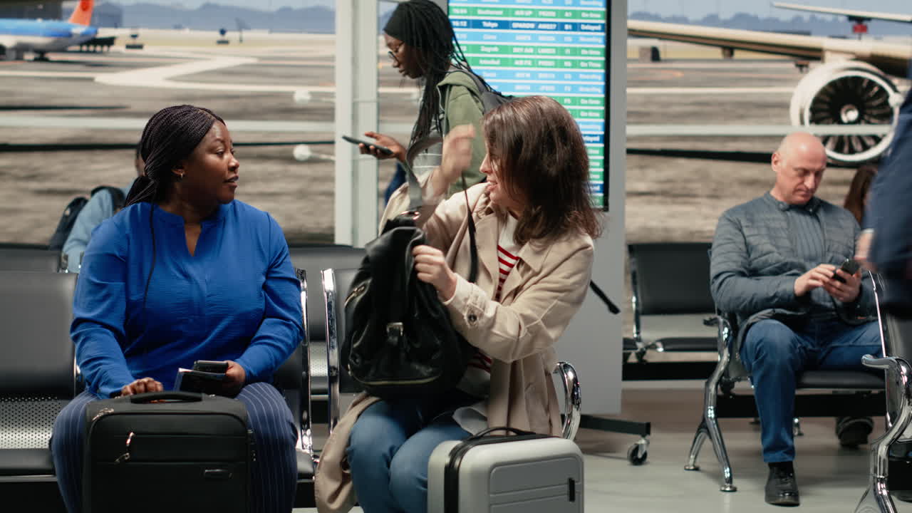 Travelling together, chatting and women inside busy airport lounge