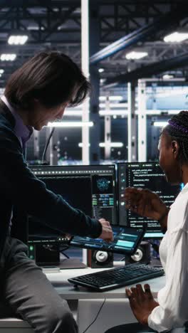 vertical video senior engineer and trainee in data center working on neural networks