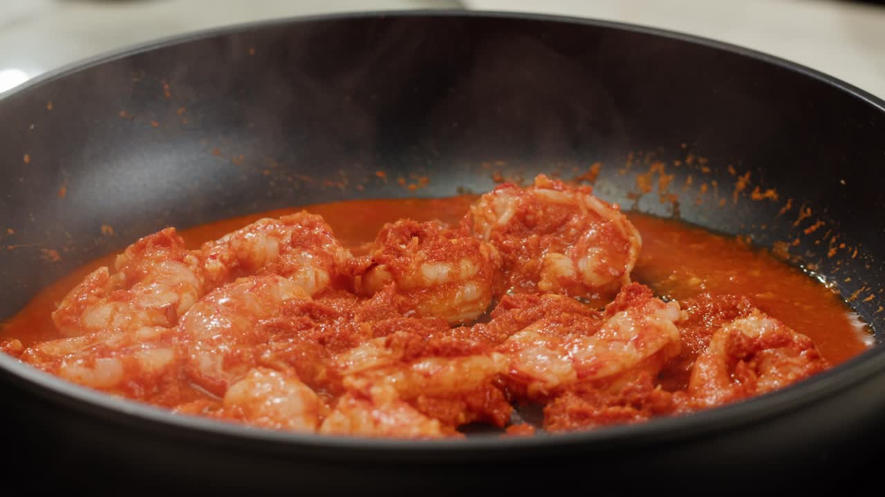 Curry rojo de gambas al tamarindo, gambas en salsa de tomate y jengibre, cocina asiática, restaurante chino