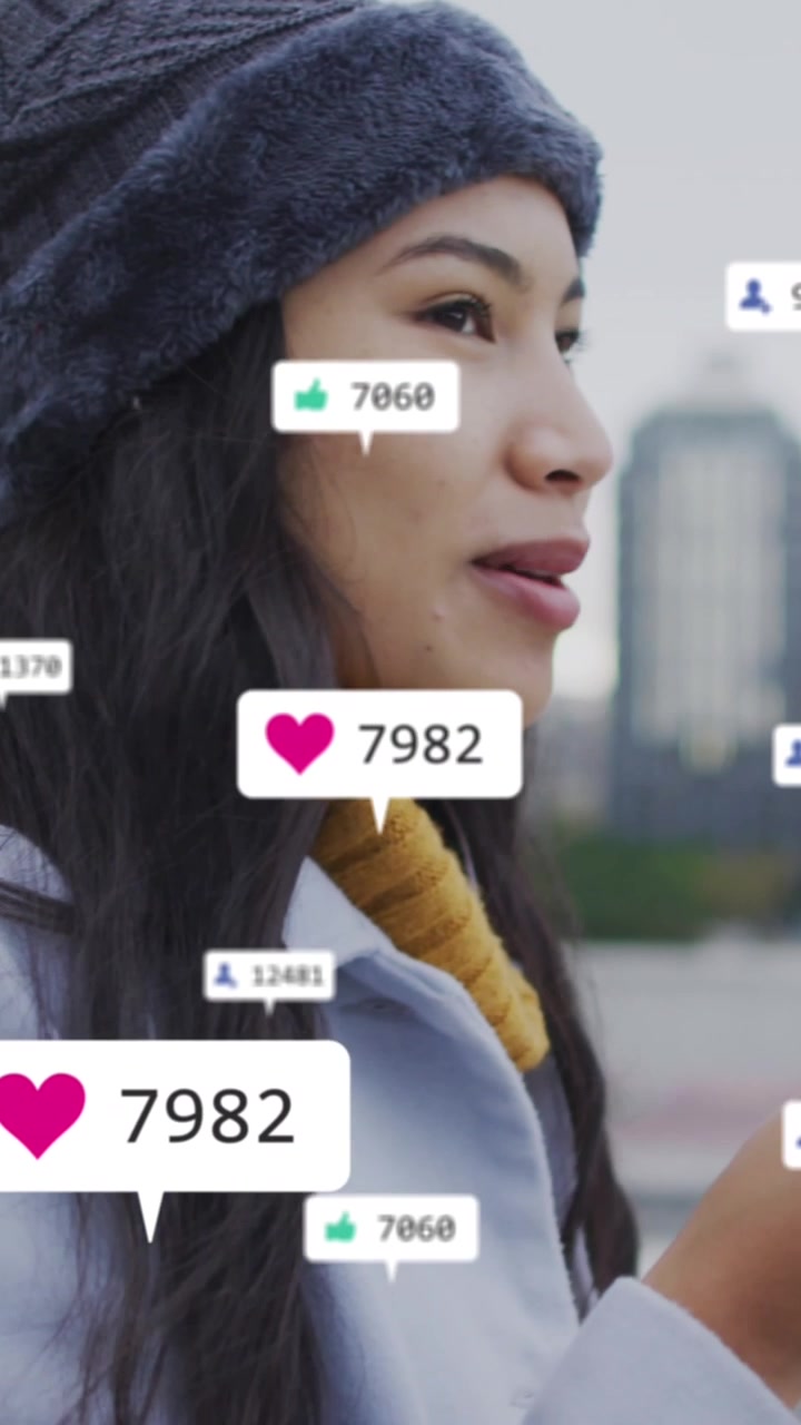 Animation of multiple notification bars over woman talking on speaker of smartphone