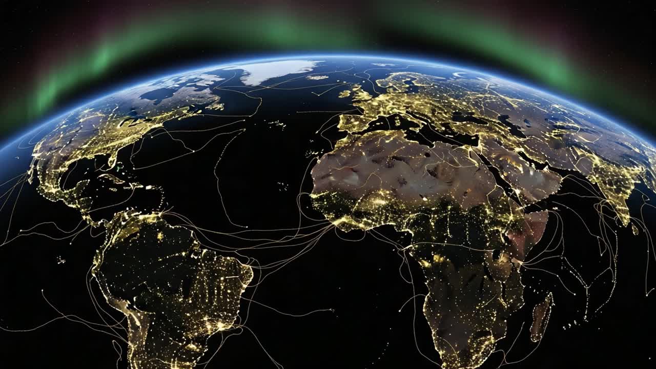 A Stunning View of Earth from Space at Night, Highlighting Urban Light Patterns and the Breathtaking Northern Lights Above the Planet's Surface