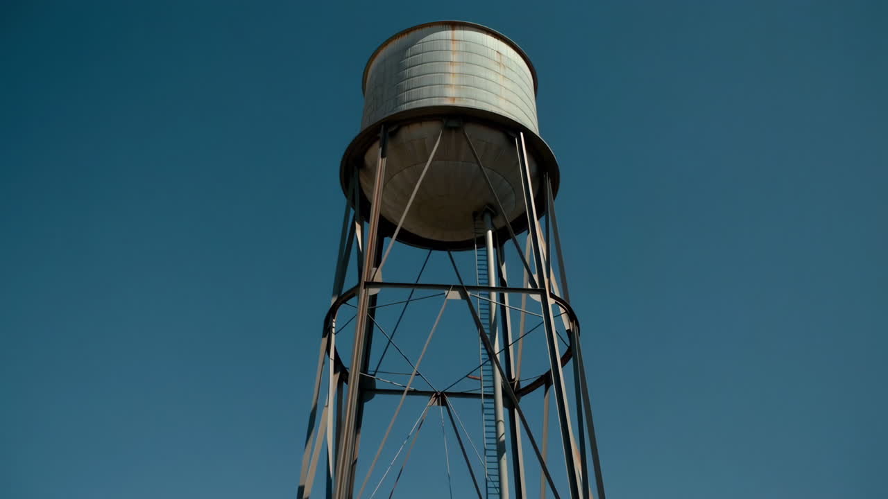 A tall water tower against a clear blue sky