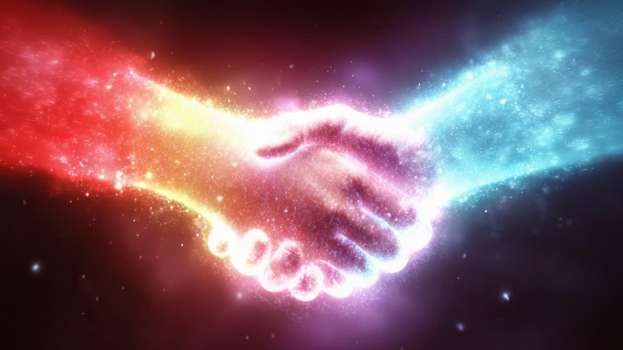 A Cosmic Embrace: Two Hands Coming Together in a Celestial Handshake, Symbolizing Unity and Connection in a Vibrant Display of Interstellar Colors and Ethereal Light