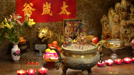 tiger shrine inside of the thien hau temple in chinatown of los angeles, california