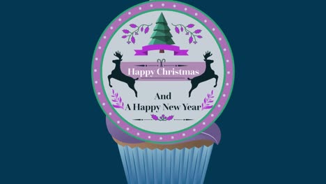 animation of christmas greetings on tag over cupcake on navy background