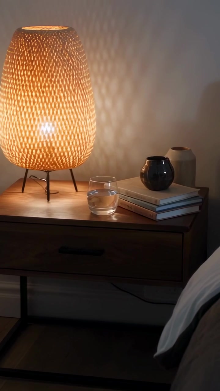 Video vertical: Cámara paneando revelando una lámpara tejida encendida junto a la cama, mostrando libros, jarrones, cama