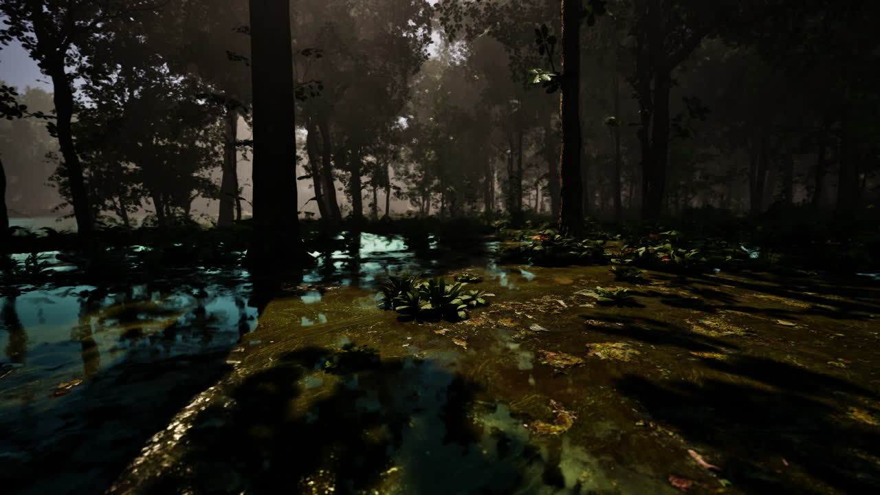 pantano místico y brumoso con árboles