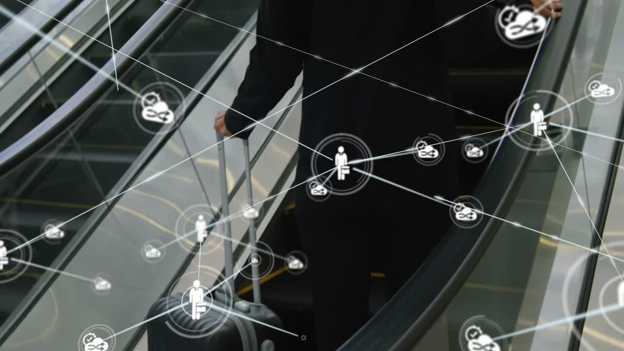 Network of connections and data processing animation over people on escalator