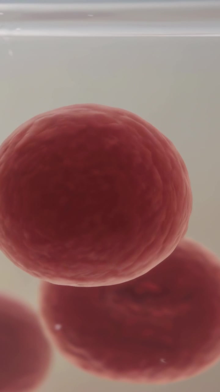 Video verticale: Grande sfera rossa che fluttua e ruota all'interno del bordo di un contenitore mentre la telecamera si muove.