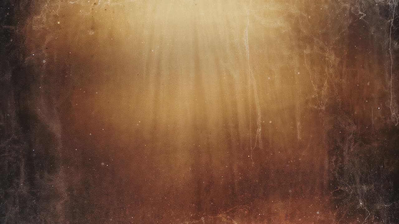 Descending warm light column revealing drifting dust and vertical streaks in studio, scuffs, grain