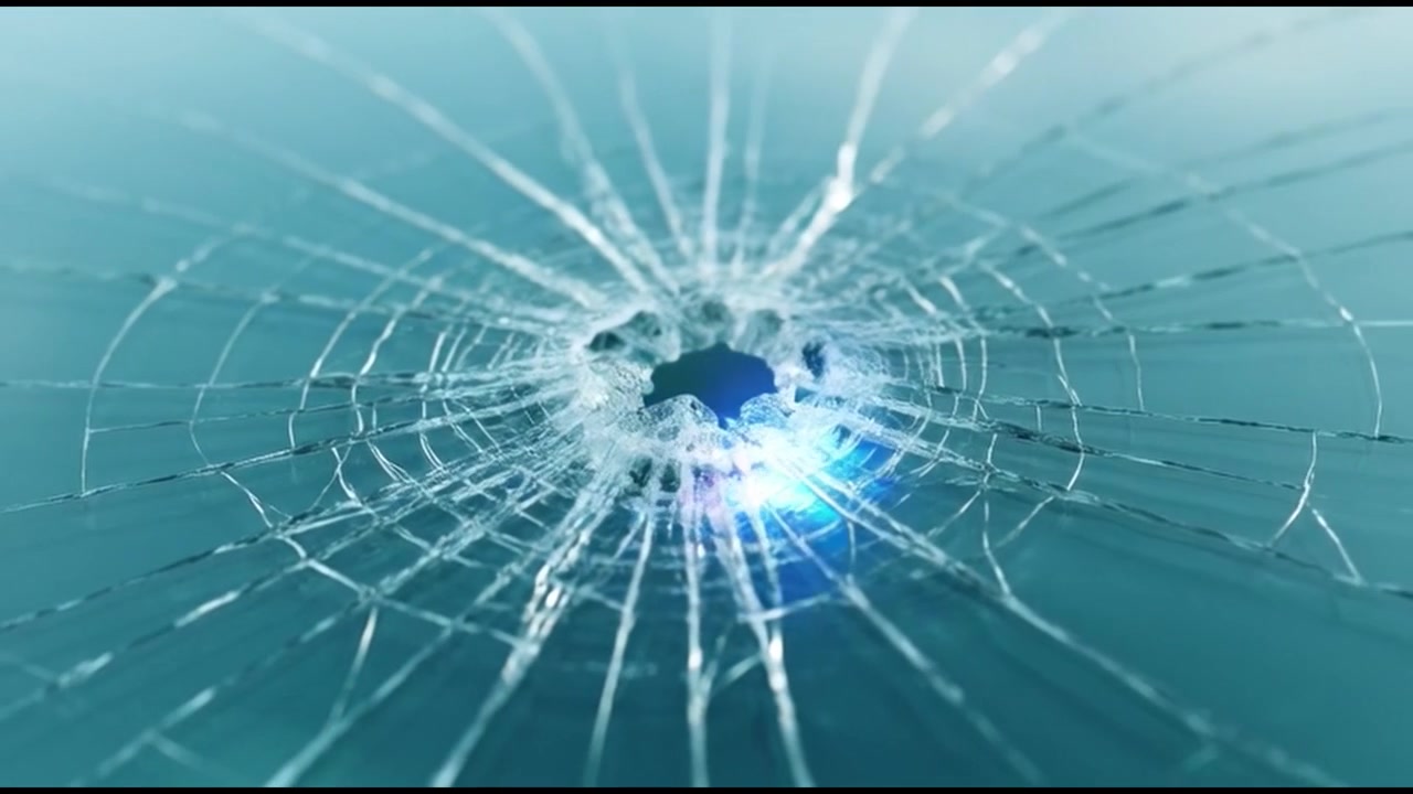 Superficie di vetro in frantumi con luci di emergenza blu e rosse lampeggianti
