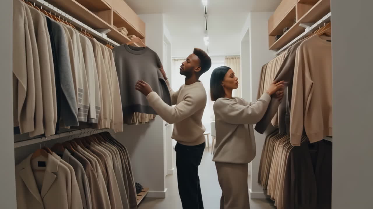 A couple chooses outfits in a modern wardrobe