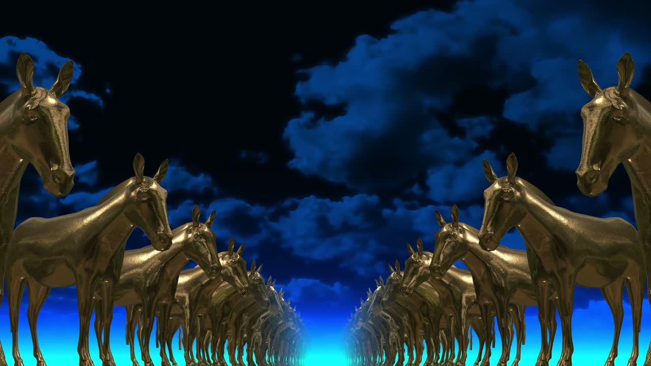 Golden horses. 3D. Sculptures in rows in perspective against a blue sky.