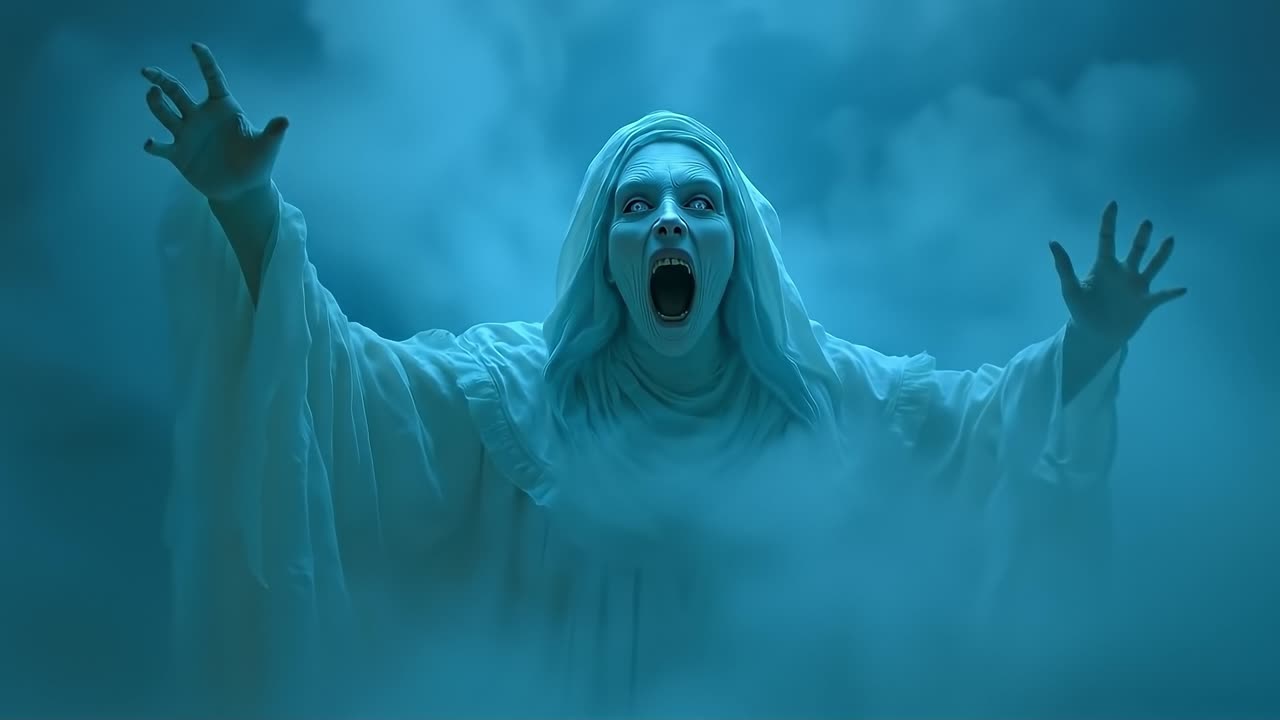 A ghostly figure with his arms outstretched in the air