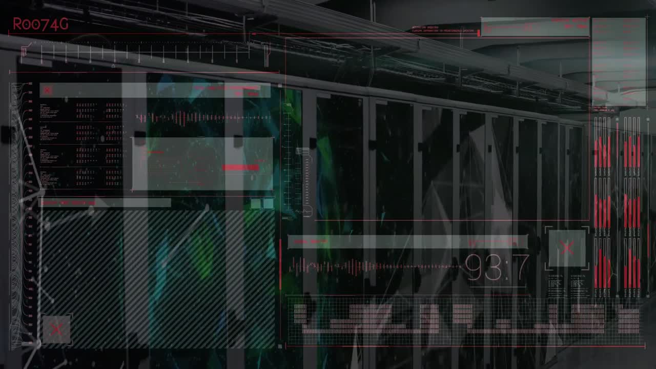 Animation of digital screen with data and shapes over servers