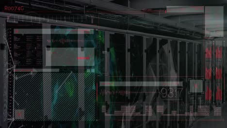 animación de pantalla digital con datos y formas sobre servidores