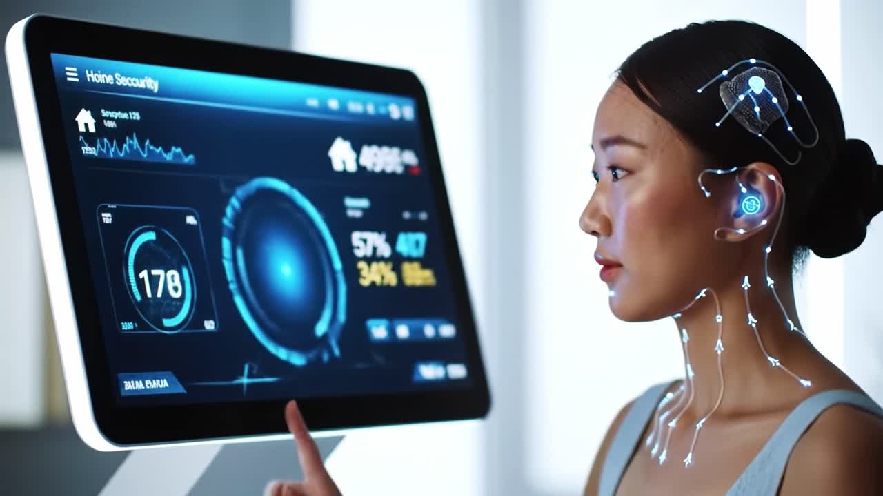 Woman interacting with futuristic home security and brain-computer interface technology