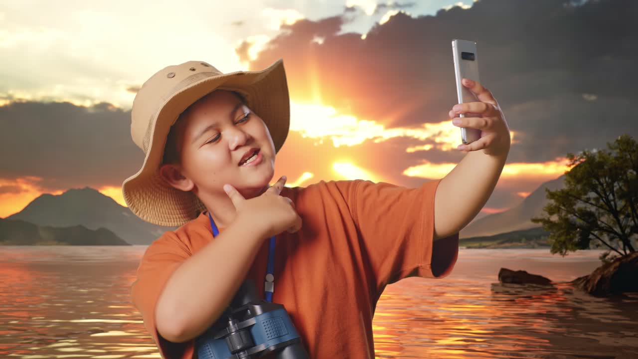 niño asiático con sombrero y binoculares tomando una selfie en el teléfono inteligente en un lago. niño investigador examina algo, aventura de turismo de viaje, primer plano