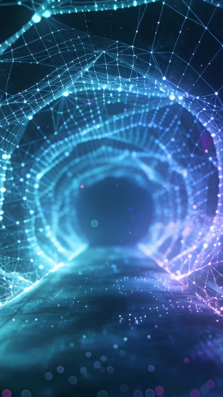Vertical video: Advancing camera revealing mesh tunnel with rings, floor and pulsing dust for depth