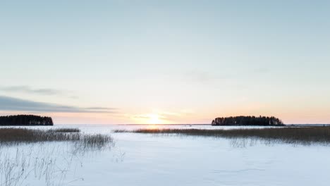 Timelapse-of-a-snow-covered-area-with-a-forest-cluster-at-sunset