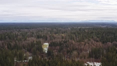 Idyllic-house-in-the-middle-of-a-forest-with-the-alp-mountains-in-the-background---zoomed-out-to-have-an-overview-over-the-nature-in-the-late-winter-with-some-snow