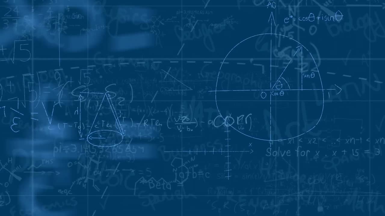 animación de ecuaciones matemáticas y diagramas flotando sobre la red de cuadrícula contra un fondo azul