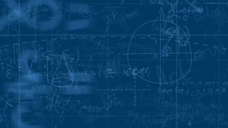 Animation-of-mathematical-equations-and-diagrams-floating-over-grid-network-against-blue-background