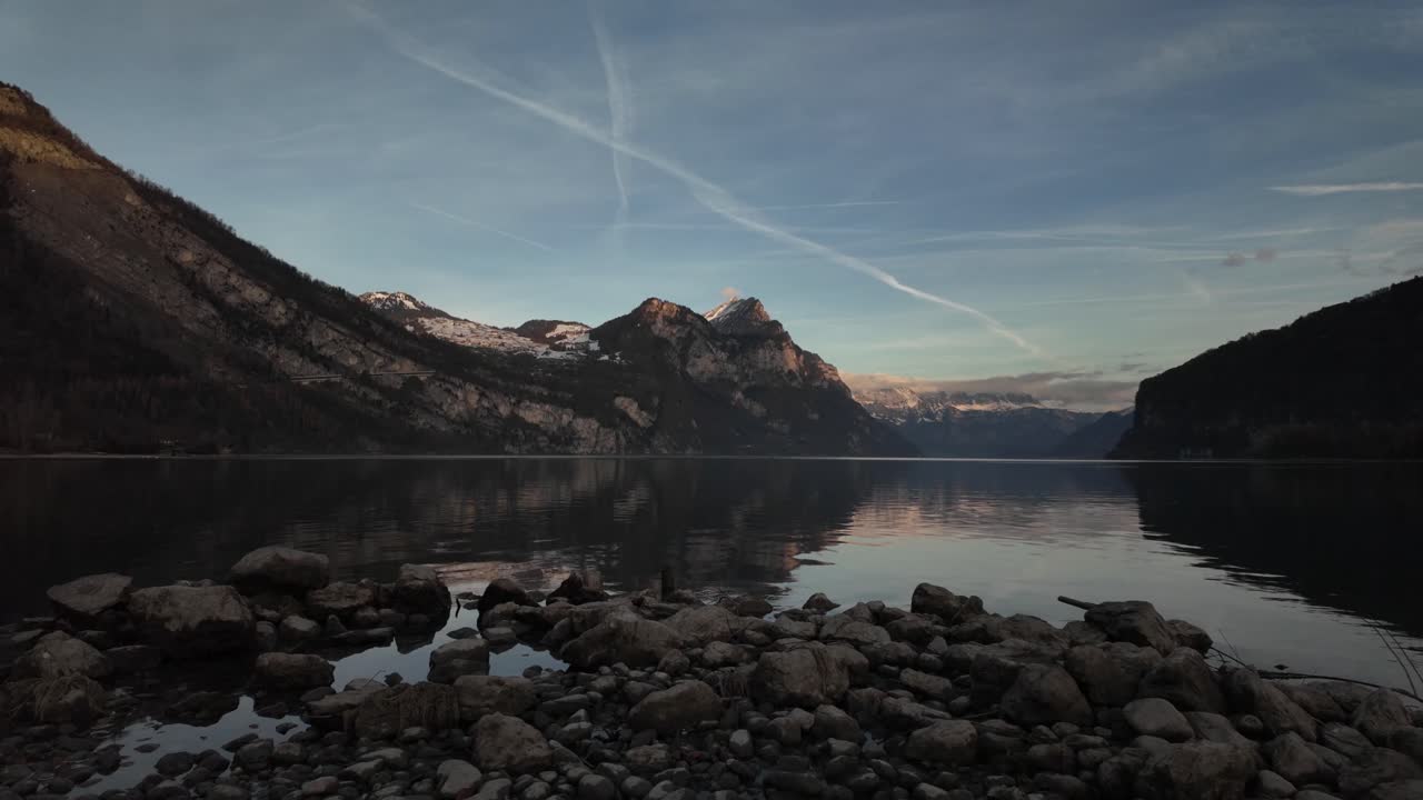 Walensee lake Switzerland alpine nature landscape clear morning skyline Europe