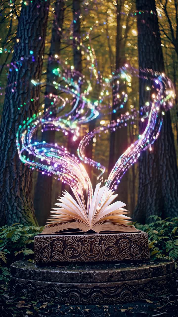 A magical open book emits colorful light trails in a forest